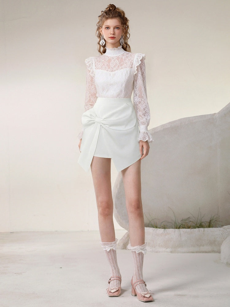 Stand Collar Lace Blouse & Asymmetrical Short Pants Set-Up【s0000015810】
