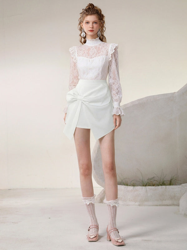 Stand Collar Lace Blouse & Asymmetrical Short Pants Set-Up【s0000015810】