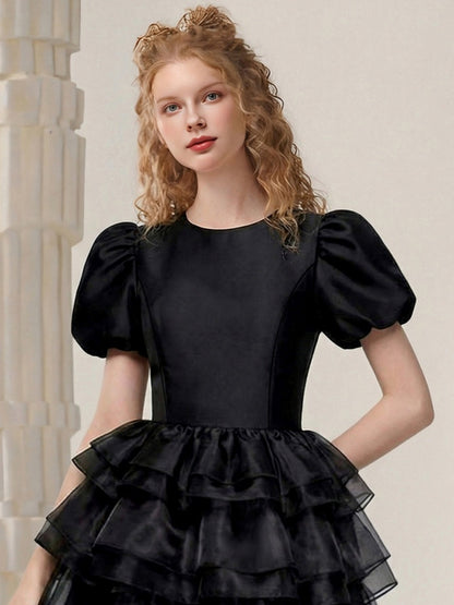 Crew Neck Puff Sleeve Multi-Layer Cake Skirt Dress【s0000015818】