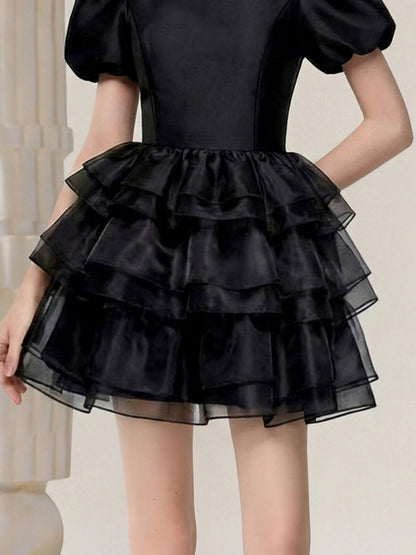 Crew Neck Puff Sleeve Multi-Layer Cake Skirt Dress【s0000015818】