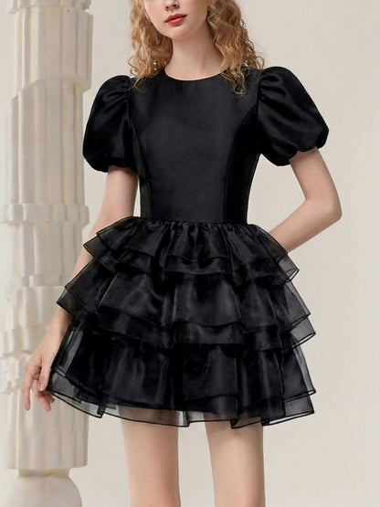 Crew Neck Puff Sleeve Multi-Layer Cake Skirt Dress【s0000015818】