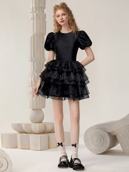 Crew Neck Puff Sleeve Multi-Layer Cake Skirt Dress【s0000015818】