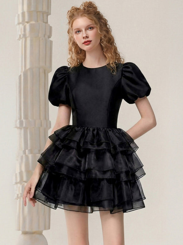 Crew Neck Puff Sleeve Multi-Layer Cake Skirt Dress【s0000015818】