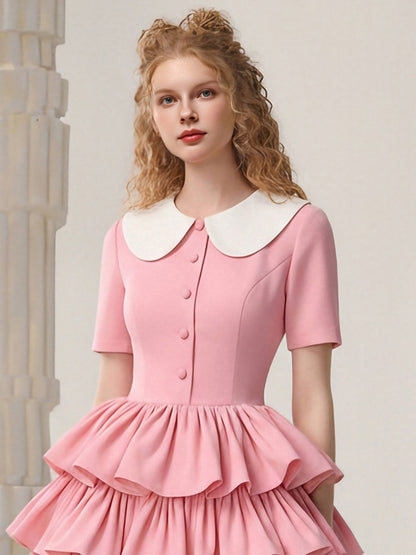 Doll Collar Retro Contrasting Short Skirt Dress【s0000015825】