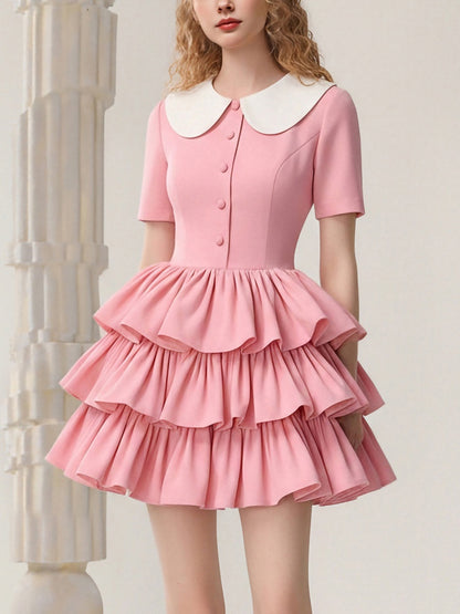 Doll Collar Retro Contrasting Short Skirt Dress【s0000015825】
