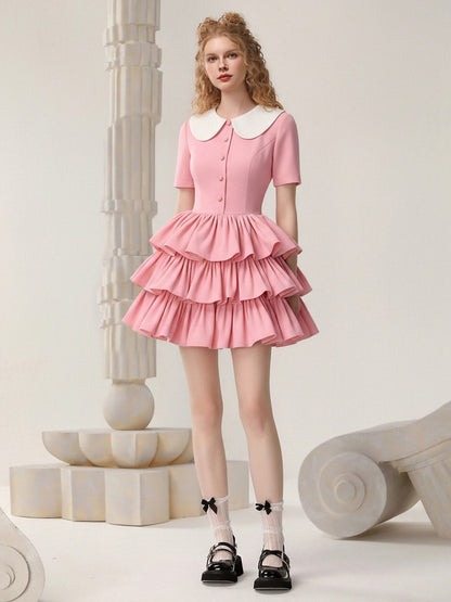 Doll Collar Retro Contrasting Short Skirt Dress【s0000015825】