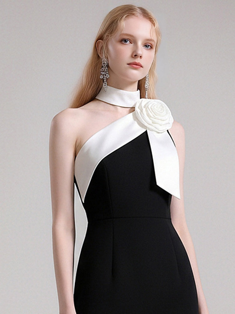 Camellia Nocturne  Romantic Halter Neck Camellia Slanted-Shoulder Dress【s0000015832】