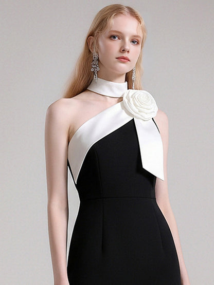 Camellia Nocturne  Romantic Halter Neck Camellia Slanted-Shoulder Dress【s0000015832】