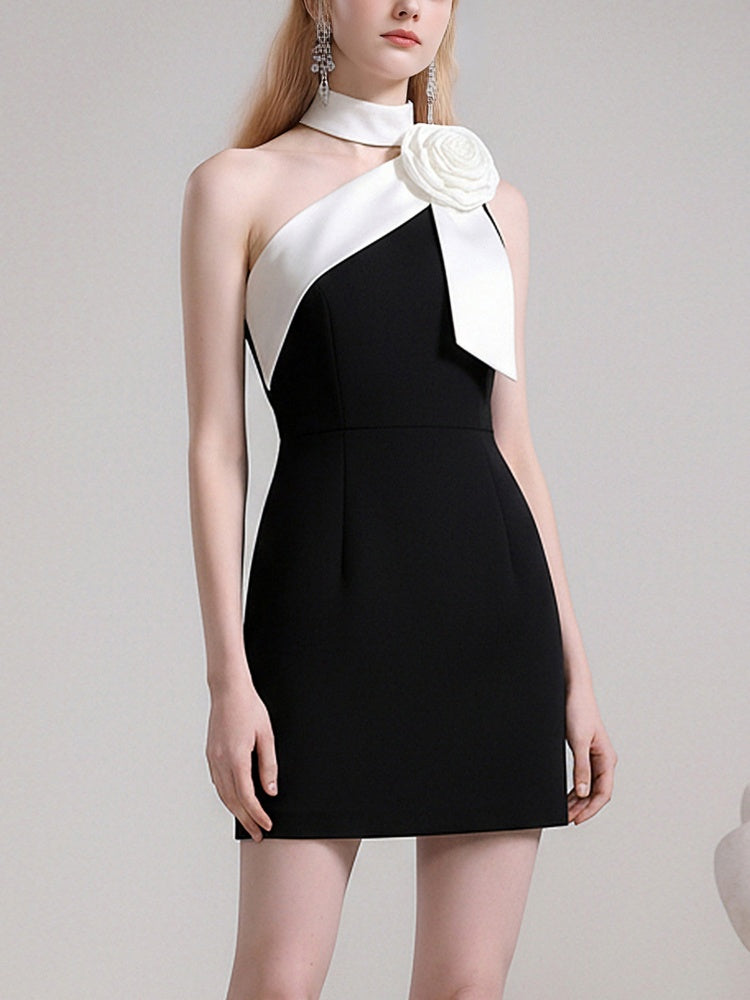 Camellia Nocturne  Romantic Halter Neck Camellia Slanted-Shoulder Dress【s0000015832】