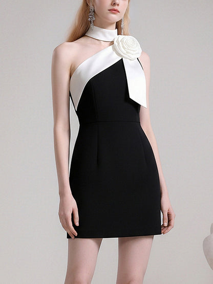 Camellia Nocturne  Romantic Halter Neck Camellia Slanted-Shoulder Dress【s0000015832】