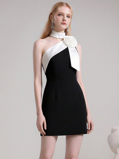Camellia Nocturne  Romantic Halter Neck Camellia Slanted-Shoulder Dress【s0000015832】