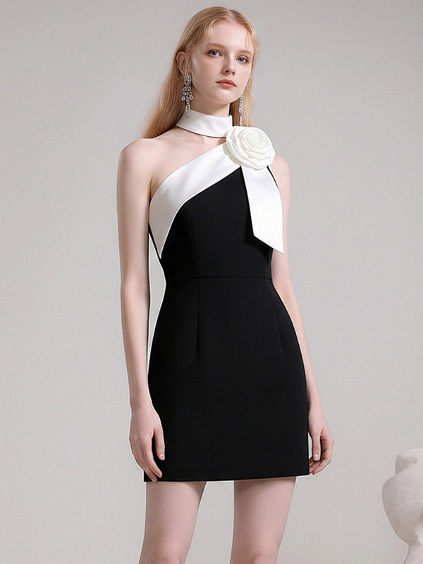 Camellia Nocturne  Romantic Halter Neck Camellia Slanted-Shoulder Dress【s0000015832】