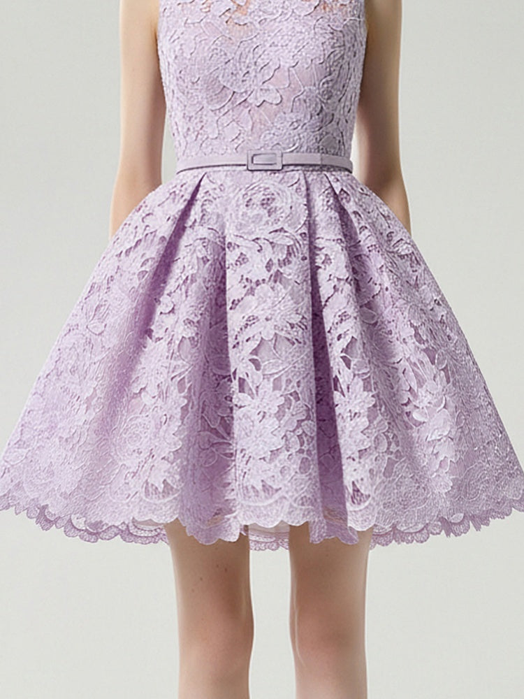 Romantic Elegant Crew Neck Sleeveless Lilac Lace Dress【s0000015834】