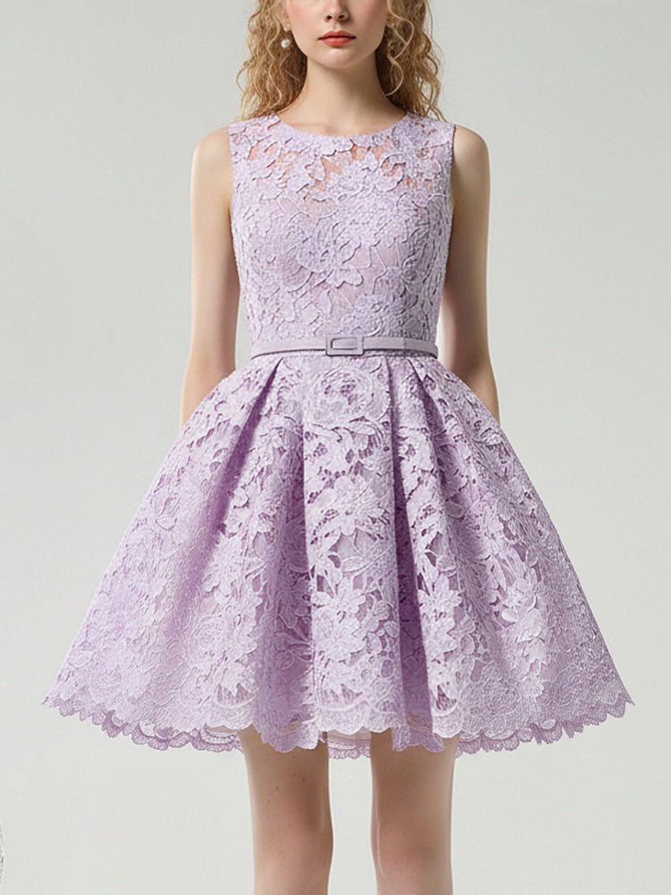 Romantic Elegant Crew Neck Sleeveless Lilac Lace Dress【s0000015834】