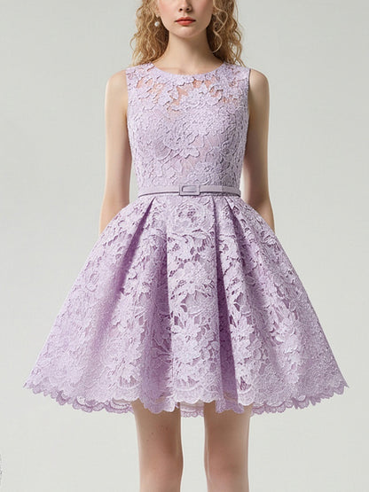 Romantic Elegant Crew Neck Sleeveless Lilac Lace Dress【s0000015834】