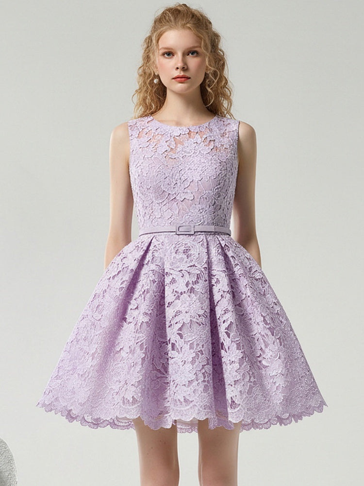 Romantic Elegant Crew Neck Sleeveless Lilac Lace Dress【s0000015834】