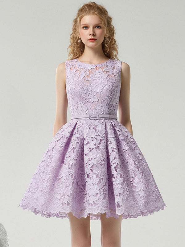 Romantic Elegant Crew Neck Sleeveless Lilac Lace Dress【s0000015834】