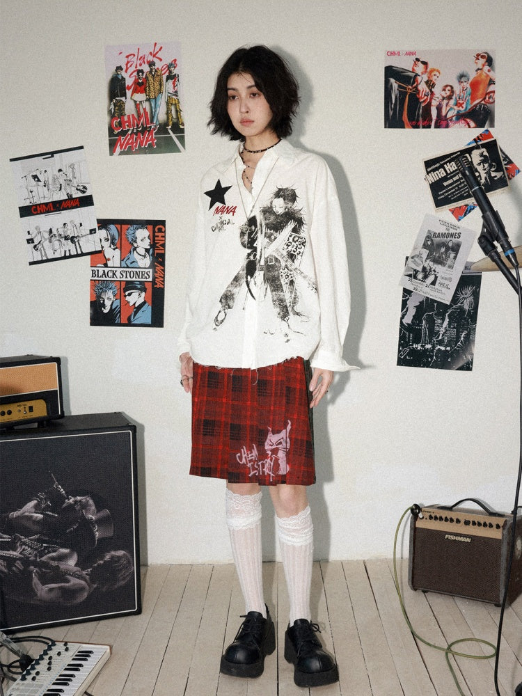 Chemical Girl × NANA Collaboration Vintage Printed Loose Long Sleeve Raw Edge Shirt【s0000016012】
