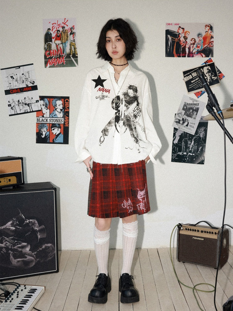 Chemical Girl × NANA Collaboration Vintage Printed Loose Long Sleeve Raw Edge Shirt【s0000016012】