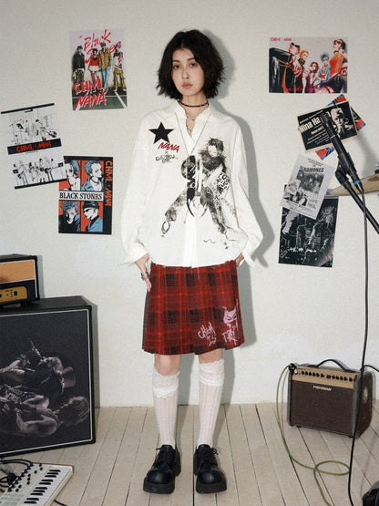 Chemical Girl × NANA Collaboration Vintage Printed Loose Long Sleeve Raw Edge Shirt【s0000016012】