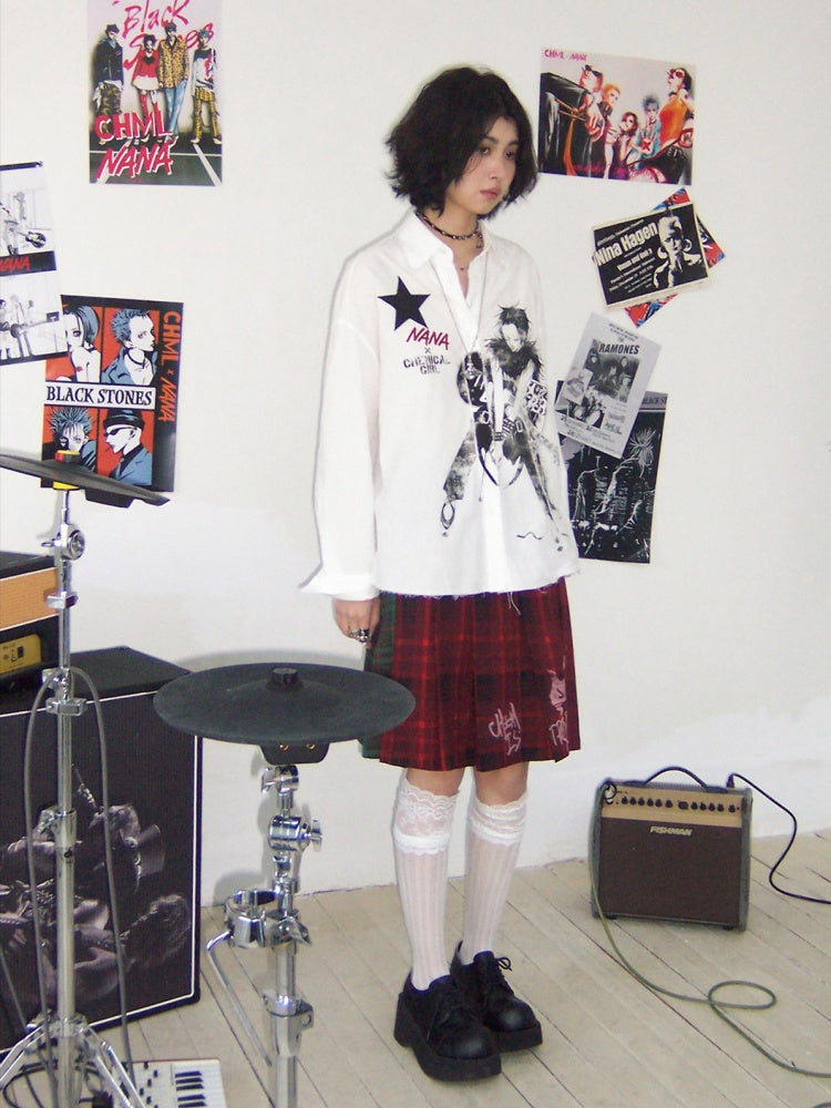 Chemical Girl × NANA Collaboration Vintage Printed Loose Long Sleeve Raw Edge Shirt【s0000016012】