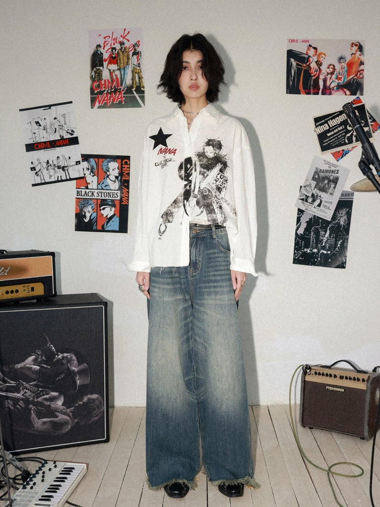 Chemical Girl × NANA Collaboration Vintage Printed Loose Long Sleeve Raw Edge Shirt【s0000016012】