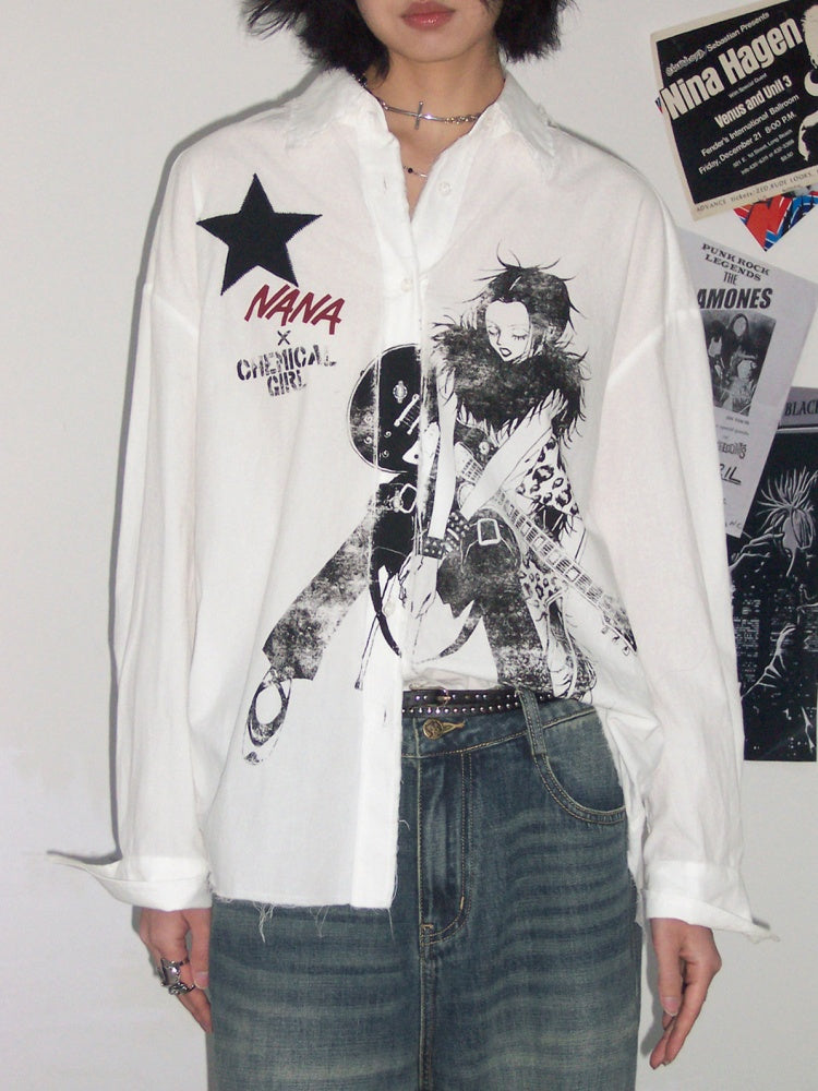 Chemical Girl × NANA Collaboration Vintage Printed Loose Long Sleeve Raw Edge Shirt【s0000016012】