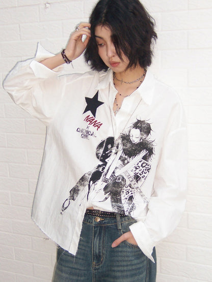 Chemical Girl × NANA Collaboration Vintage Printed Loose Long Sleeve Raw Edge Shirt【s0000016012】