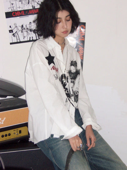 Chemical Girl × NANA Collaboration Vintage Printed Loose Long Sleeve Raw Edge Shirt【s0000016012】