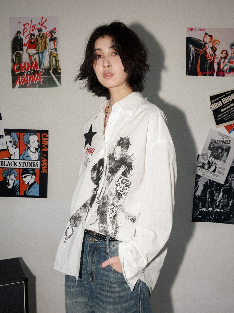 Chemical Girl × NANA Collaboration Vintage Printed Loose Long Sleeve Raw Edge Shirt【s0000016012】