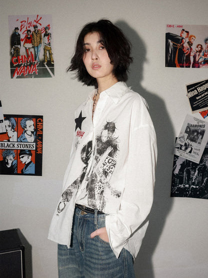 Chemical Girl × NANA Collaboration Vintage Printed Loose Long Sleeve Raw Edge Shirt【s0000016012】