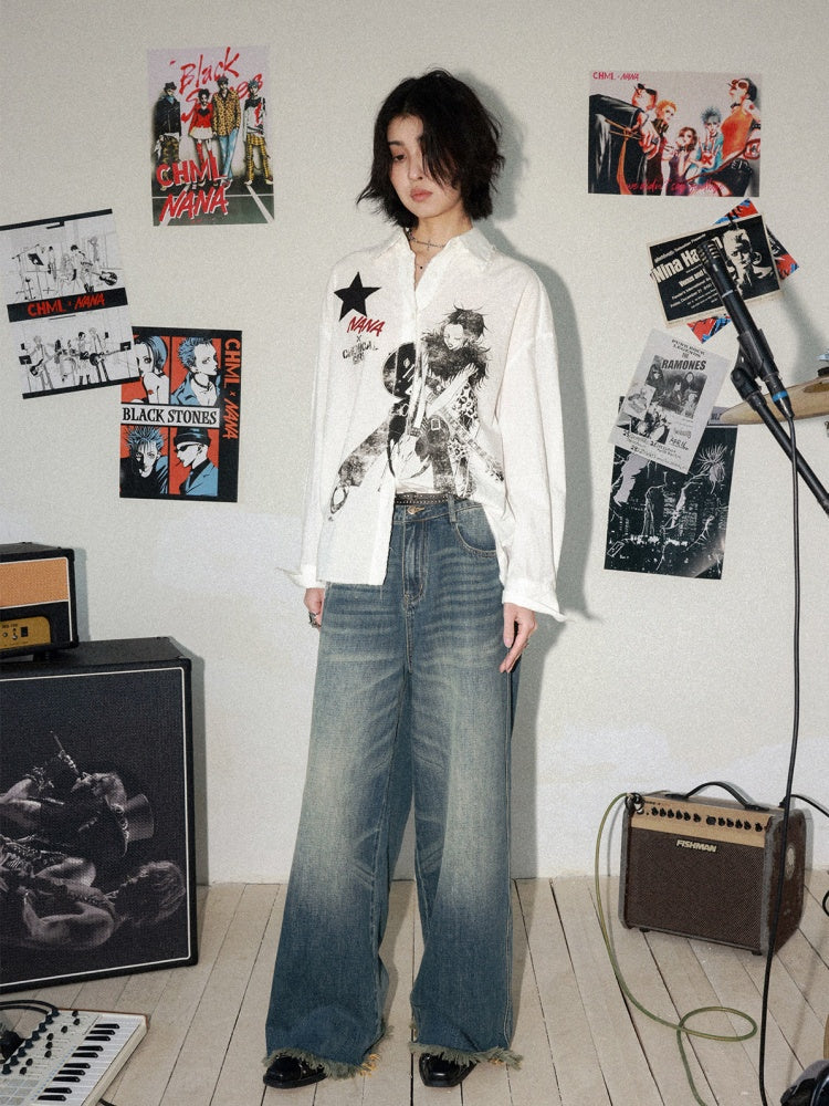 Chemical Girl × NANA Collaboration Vintage Printed Loose Long Sleeve Raw Edge Shirt【s0000016012】