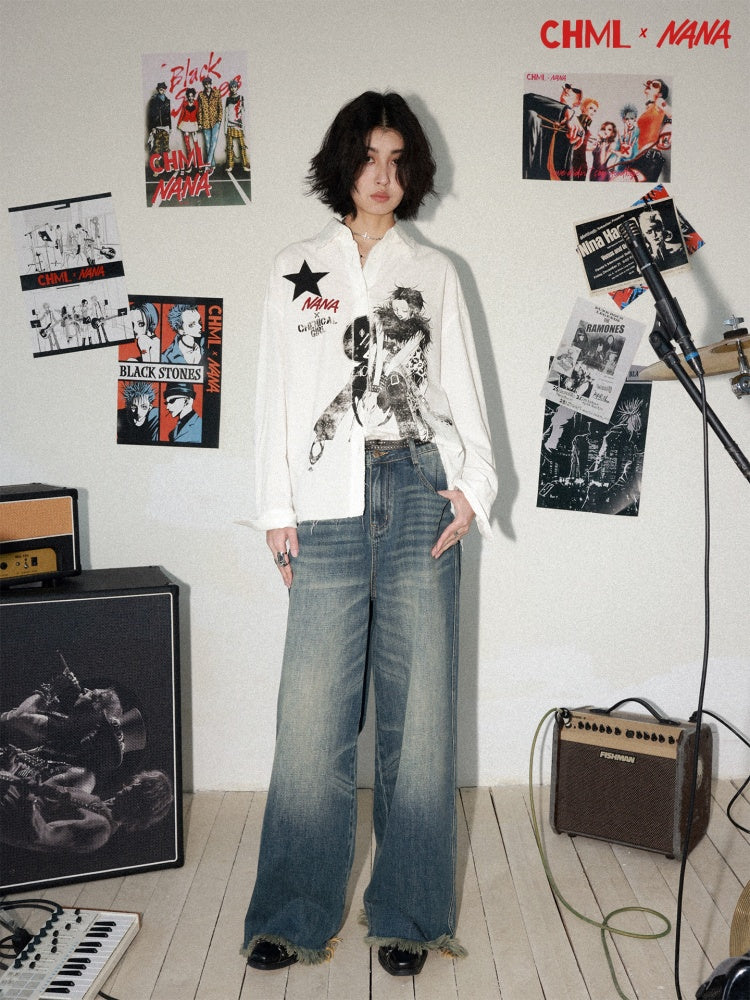 Chemical Girl × NANA Collaboration Vintage Printed Loose Long Sleeve Raw Edge Shirt【s0000016012】