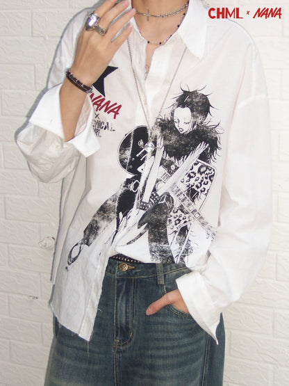 Chemical Girl × NANA Collaboration Vintage Printed Loose Long Sleeve Raw Edge Shirt【s0000016012】