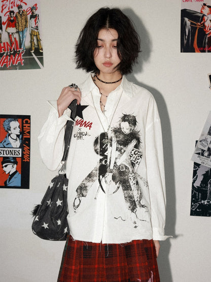 Chemical Girl × NANA Collaboration Vintage Printed Loose Long Sleeve Raw Edge Shirt【s0000016012】
