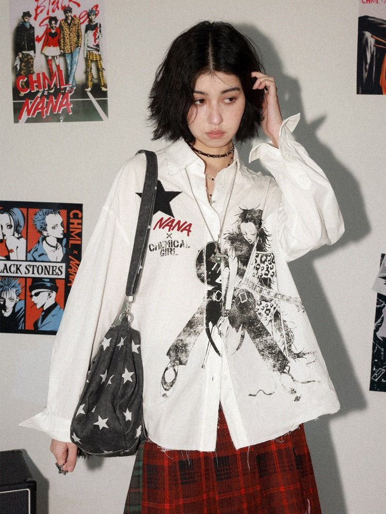 Chemical Girl × NANA Collaboration Vintage Printed Loose Long Sleeve Raw Edge Shirt【s0000016012】