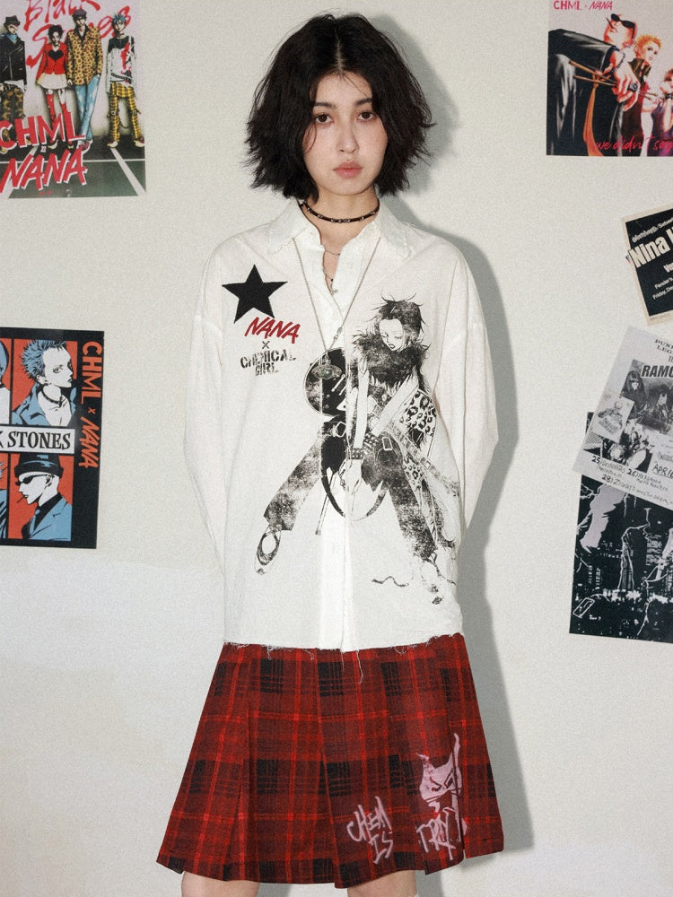 Chemical Girl × NANA Collaboration Vintage Printed Loose Long Sleeve Raw Edge Shirt【s0000016012】