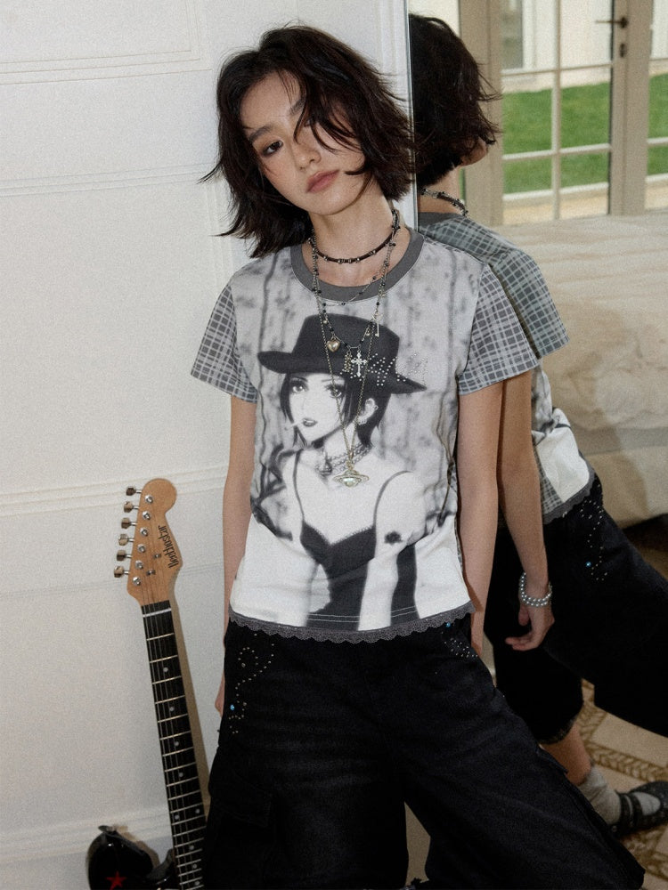 Chemical Girl × NANA Collaboration Plaid Rhinestone Short-Sleeved T-Shirt【s0000016017】