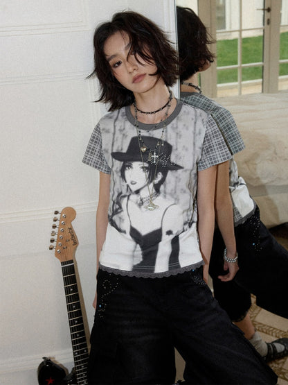 Chemical Girl × NANA Collaboration Plaid Rhinestone Short-Sleeved T-Shirt【s0000016017】