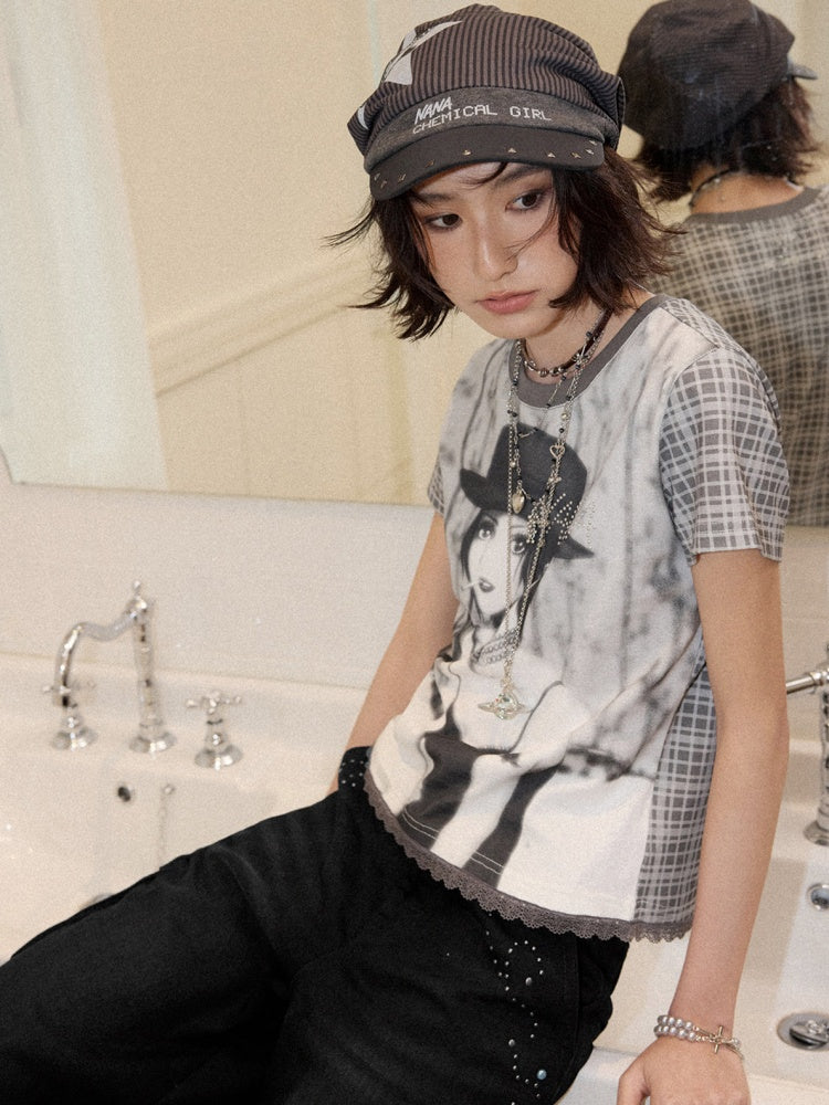 Chemical Girl × NANA Collaboration Plaid Rhinestone Short-Sleeved T-Shirt【s0000016017】