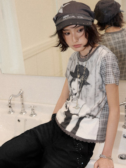 Chemical Girl × NANA Collaboration Plaid Rhinestone Short-Sleeved T-Shirt【s0000016017】
