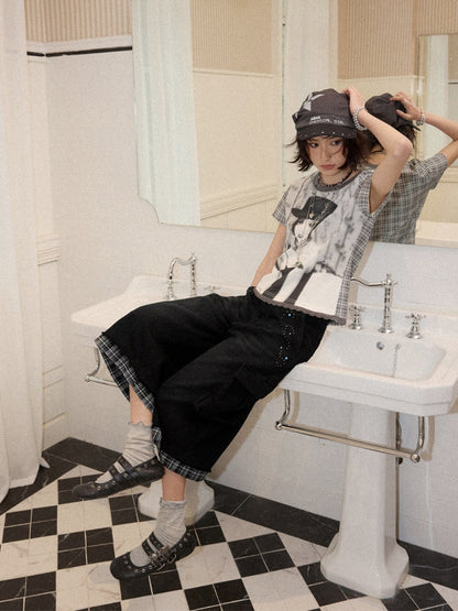 Chemical Girl × NANA Collaboration Plaid Rhinestone Short-Sleeved T-Shirt【s0000016017】