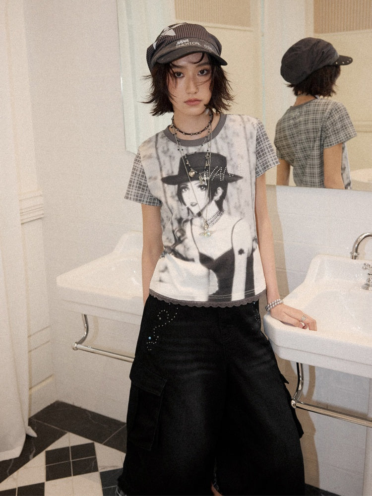 Chemical Girl × NANA Collaboration Plaid Rhinestone Short-Sleeved T-Shirt【s0000016017】