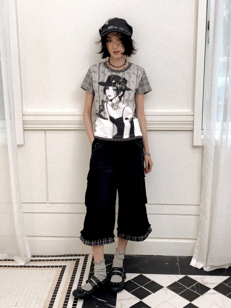 Chemical Girl × NANA Collaboration Plaid Rhinestone Short-Sleeved T-Shirt【s0000016017】