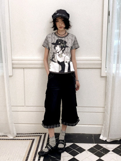 Chemical Girl × NANA Collaboration Plaid Rhinestone Short-Sleeved T-Shirt【s0000016017】