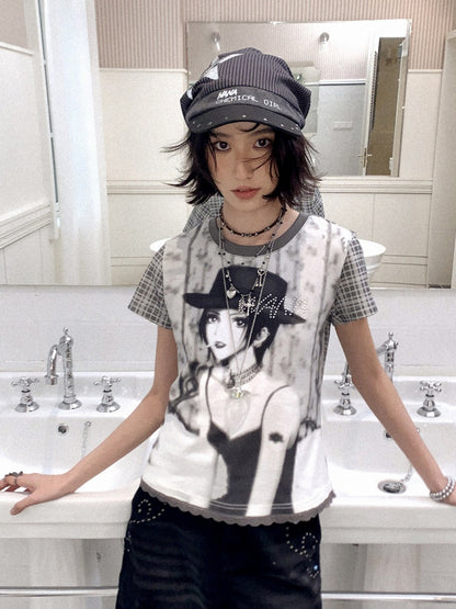 Chemical Girl × NANA Collaboration Plaid Rhinestone Short-Sleeved T-Shirt【s0000016017】