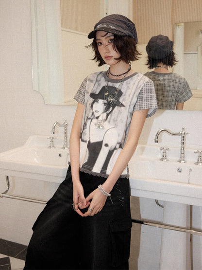 Chemical Girl × NANA Collaboration Plaid Rhinestone Short-Sleeved T-Shirt【s0000016017】