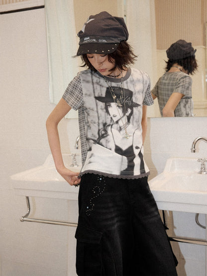 Chemical Girl × NANA Collaboration Plaid Rhinestone Short-Sleeved T-Shirt【s0000016017】