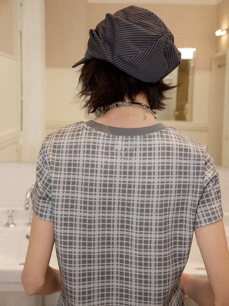 Chemical Girl × NANA Collaboration Plaid Rhinestone Short-Sleeved T-Shirt【s0000016017】
