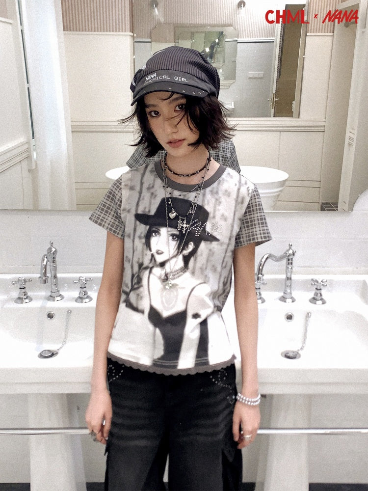 Chemical Girl × NANA Collaboration Plaid Rhinestone Short-Sleeved T-Shirt【s0000016017】